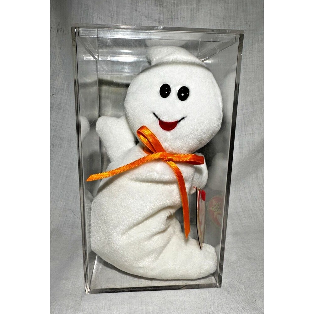 TY Beanie Baby SPOOKY the Ghost (4th Gen Tags) 8" w Clear Display Box- Born 1995